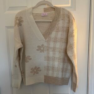 Pink Lily Cream and Tan V-Neck Sweater - never worn
